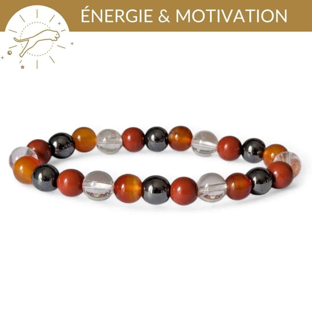 bracelet energie motivation pierres naturelles jaspe rouge cornaline hematite cristal de roche pour retrouver energie et dynamisme
