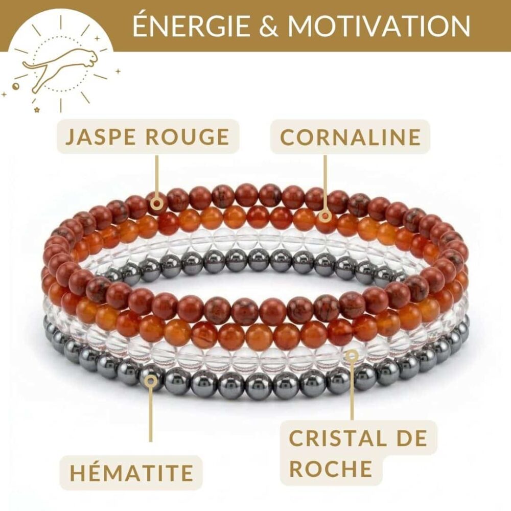 bracelets pierres energie motivation jaspe rouge cornaline hematite cristal de roche vitalite et motivation