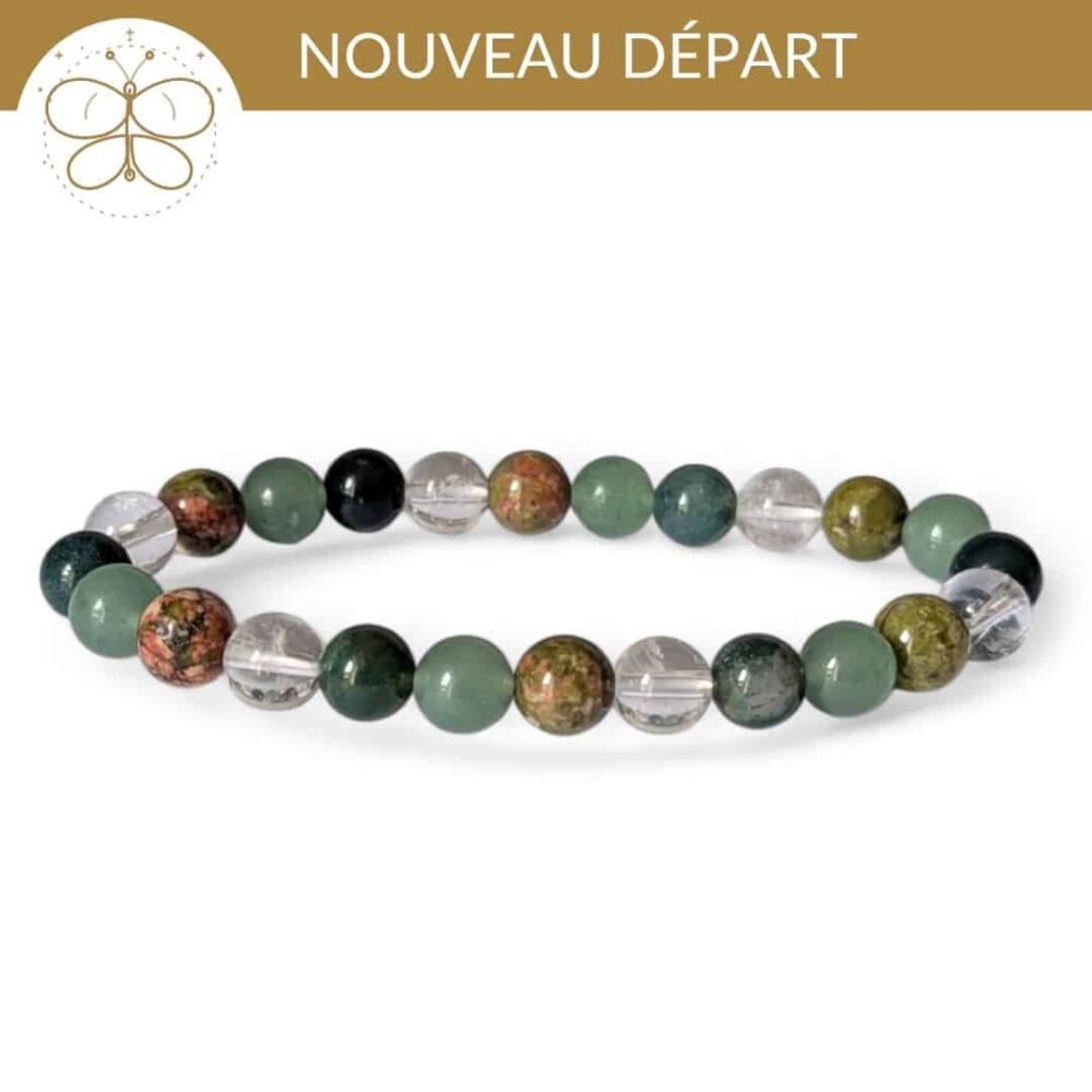 bracelet nouveau depart pierres naturelles agate mousse unakite aventurine cristal de roche pour changement et renouveau