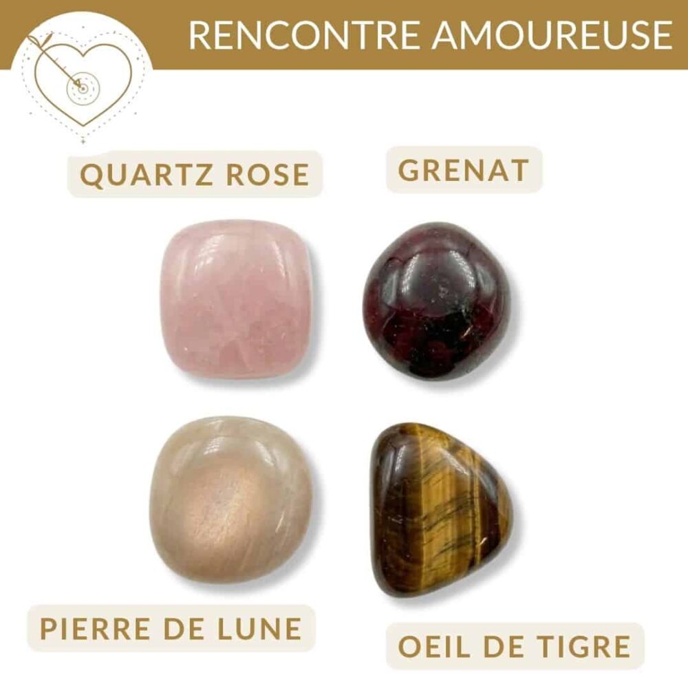 kit 4 pierres rencontre amoureuse quartz rose pierre de lune grenat oeil de tigre