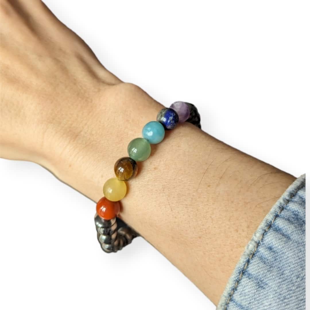 Bracelet Pierres Naturelles Hématite Et 7 Chakras – Thérapie, Bien-être – Ajustable