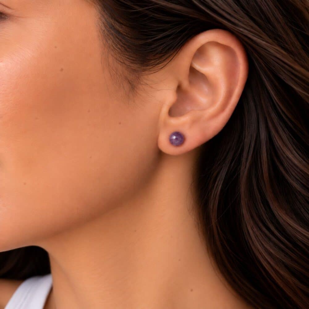 boucles oreilles puces améthyste naturelle portees 6mm