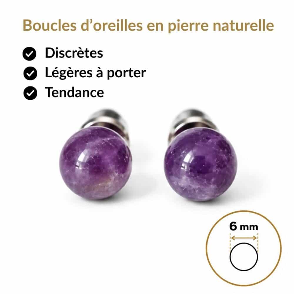 boucles oreilles puces améthyste naturelle vue face