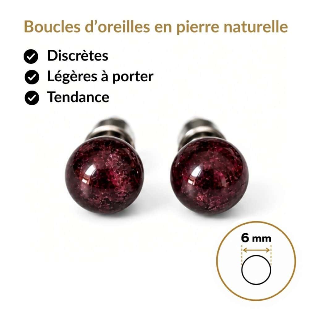 boucles oreilles puces grenat naturel vue face