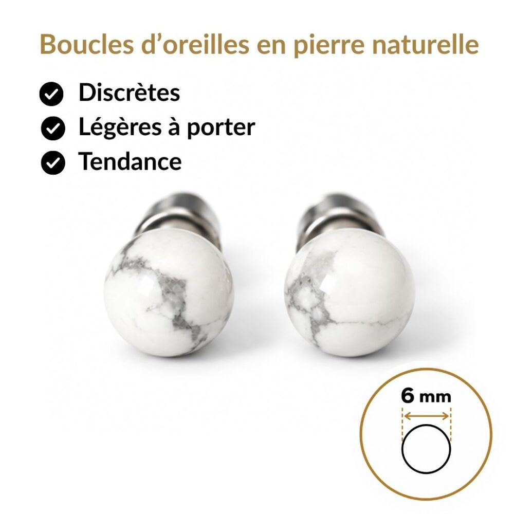 boucles oreilles puces howlite naturelle vue face