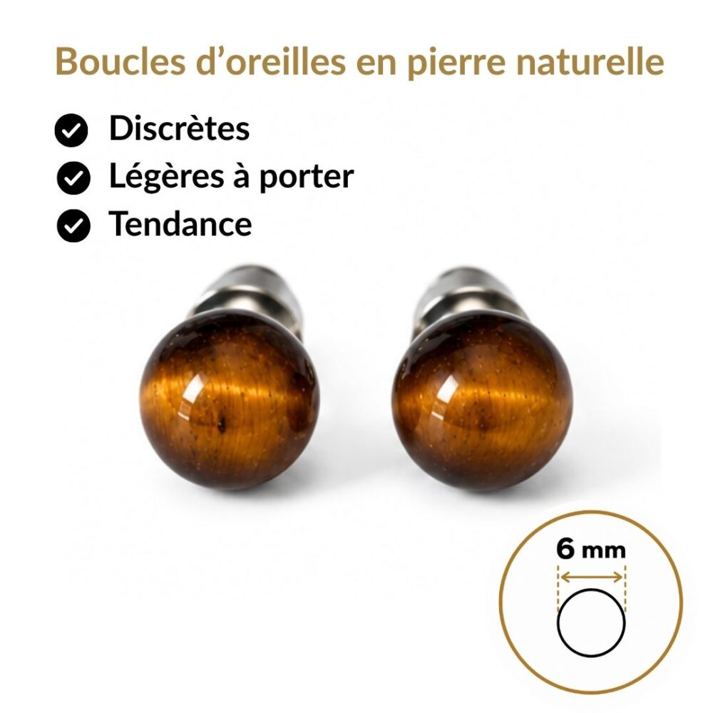 boucles oreilles puces oeil de tigre naturelle vue face