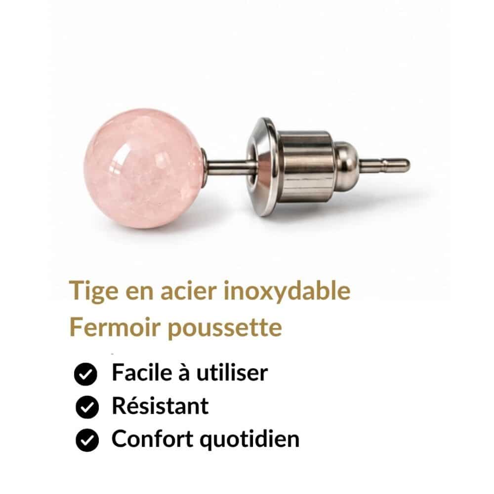 boucles oreilles puces quartz rose naturel vue profil tige