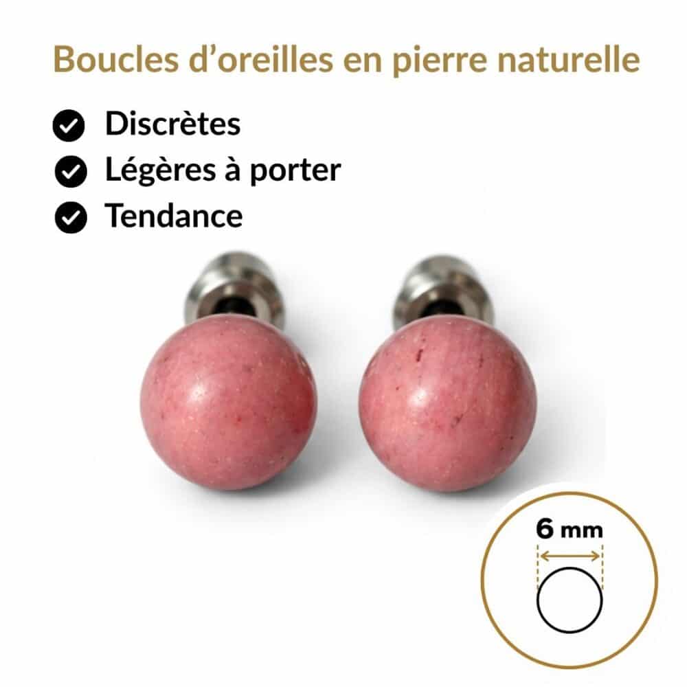 boucles oreilles puces rhodonite naturelle vue face