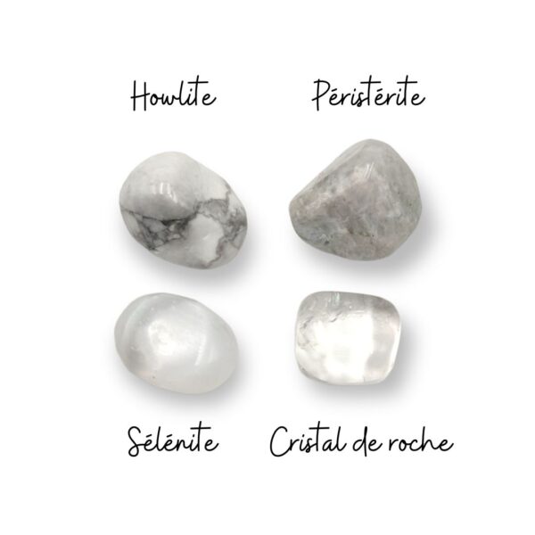 howlite sélénite cristal de roche péristérite