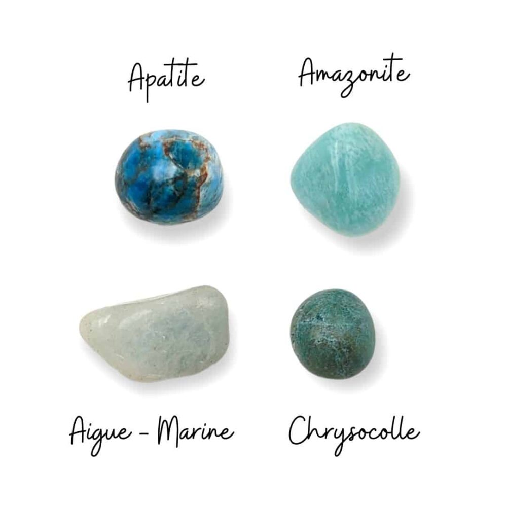 apatite, amazonite, chrysocolle, aigue marine