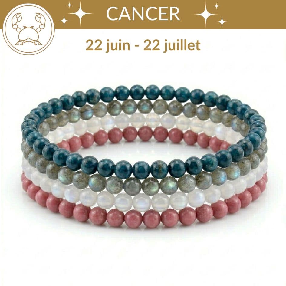 bracelets astro cancer pierres naturelles pierre de lune rhodonite apatite bleue labradorite lithotherapie signe astrologique cancer