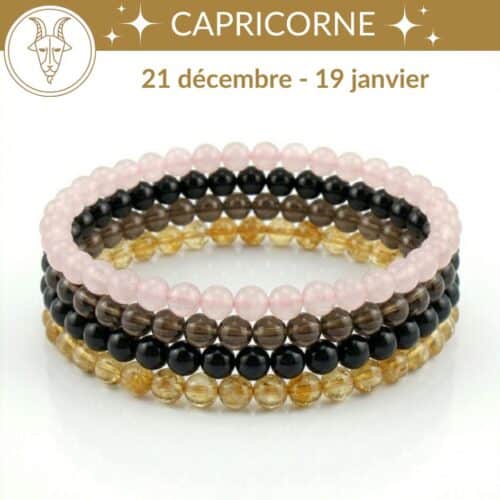 bracelets astro capricorne pierres naturelles quartz fumé citrine, obsidienne quartz rose lithotherapie signe astrologique capricorne