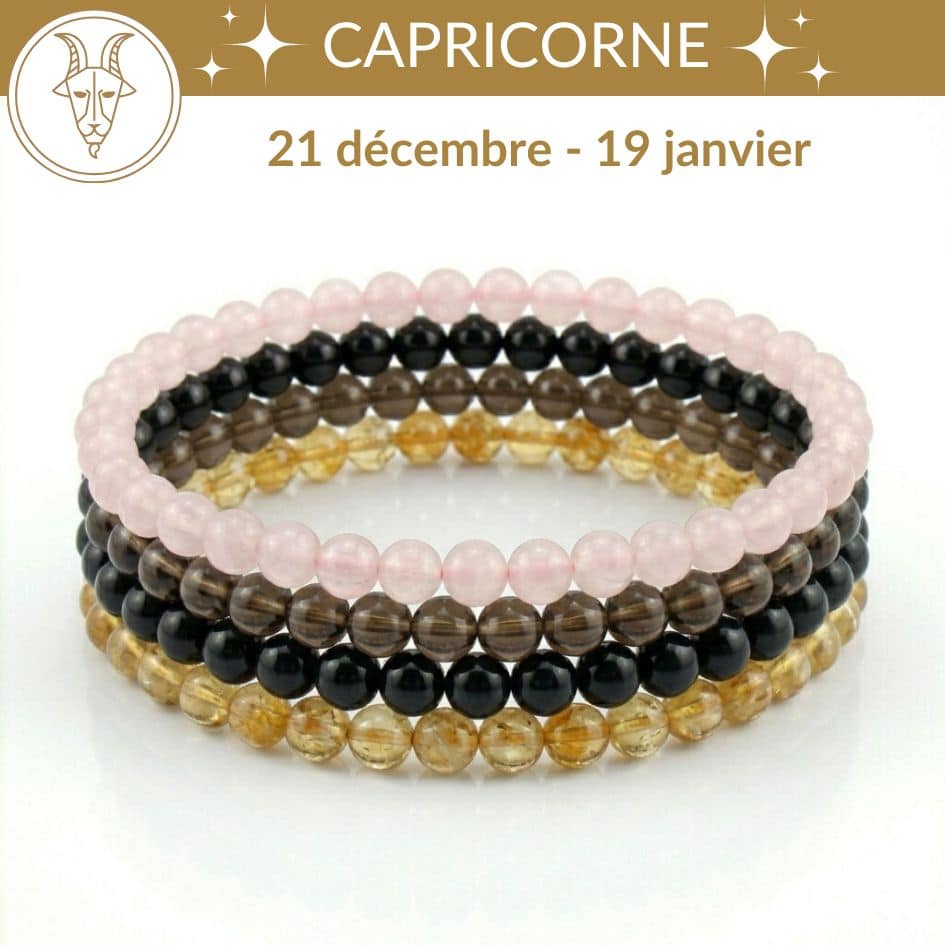 bracelets astro capricorne pierres naturelles quartz fumé citrine, obsidienne quartz rose lithotherapie signe astrologique capricorne