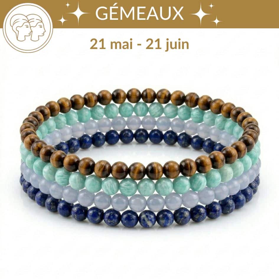 bracelets astro gemeaux pierres naturelles lapis lazuli calcedoine amazonite oeil de tigre lithotherapie signe astrologique gemeaux