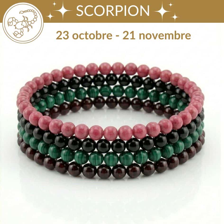 bracelets astro scorpion pierres naturelles obsidienne rhodonite grenat malachite lithotherapie signe astrologique scorpion