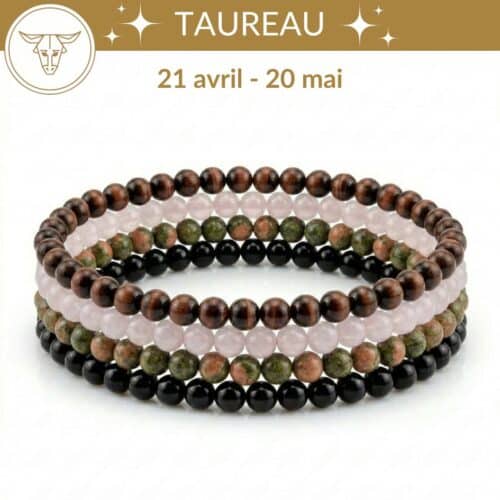 bracelets astro taureau pierres naturelles oeil de taureau tourmaline noire quartz rose unakite lithotherapie signe astrologique taureau