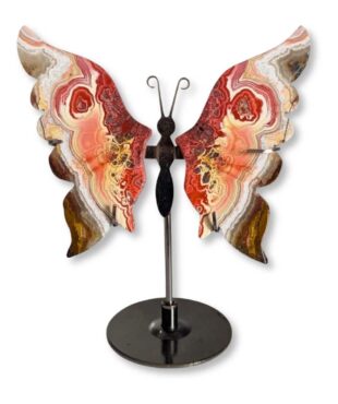 Papillon en agate Crazy Lace naturelle, pièce unique 02, vue de face – Garaulion