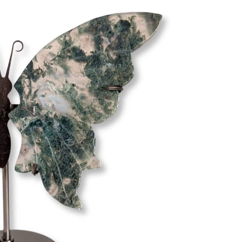 Gros plan sur l'aile droite du papillon en agate mousse et ses motifs minéraux