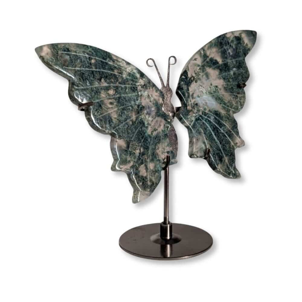 Papillon en agate mousse vu de biais, montrant le relief de ses ailes