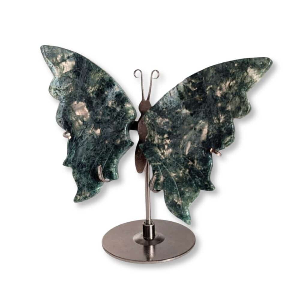 Papillon en agate mousse vu de biais, montrant le relief de ses ailes