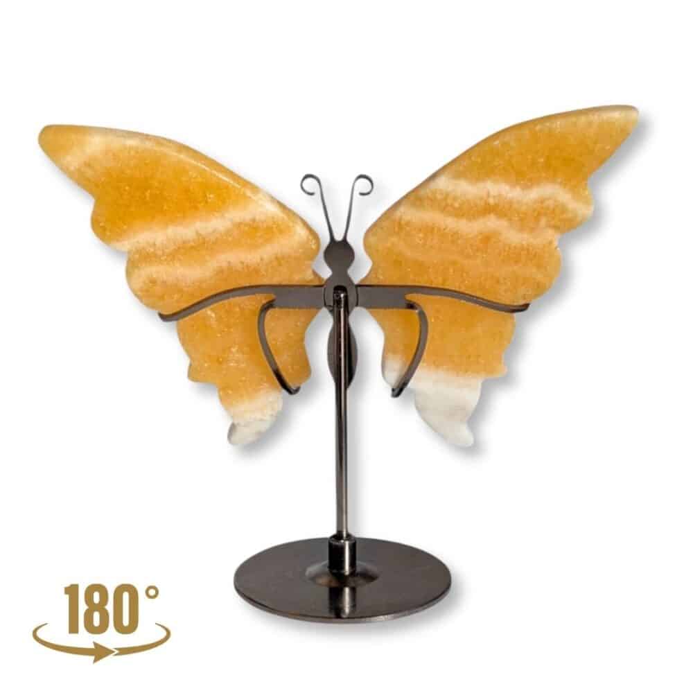 Vue arrière du papillon sculpté en calcite jaune, pièce unique 01