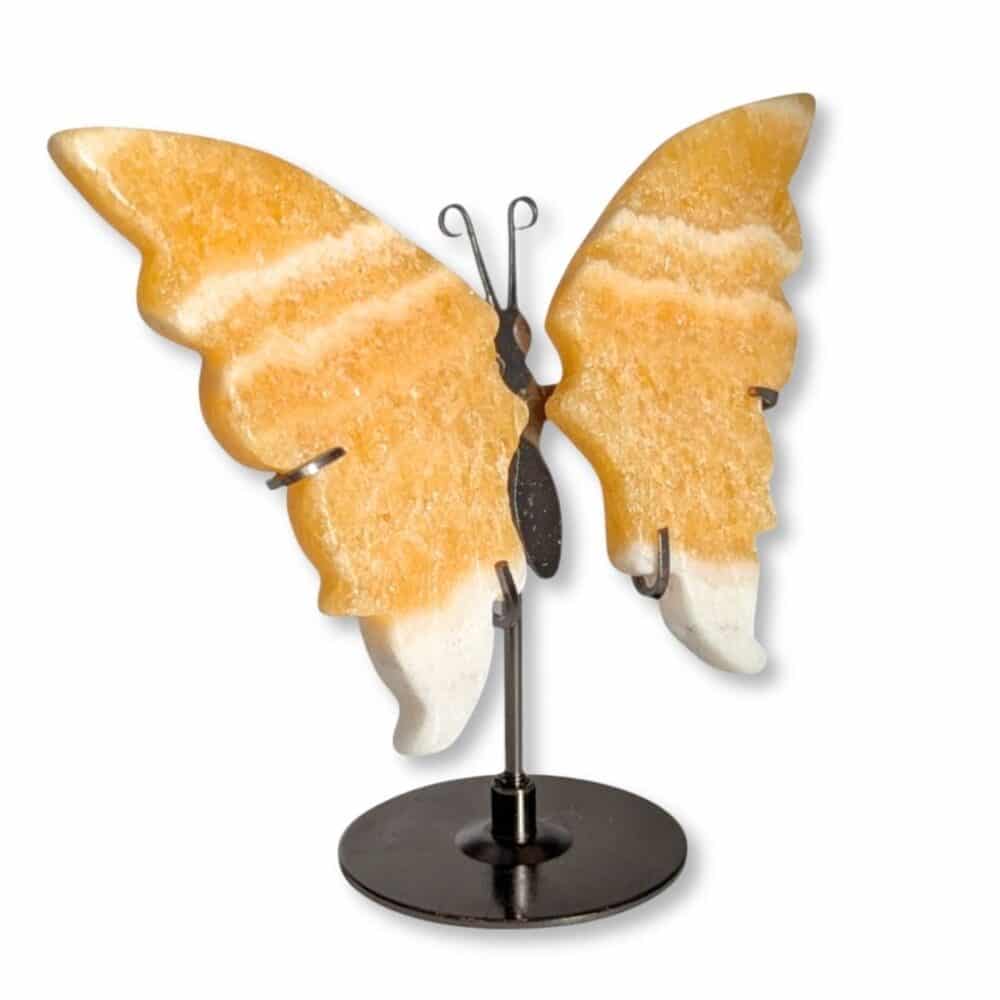 Vue de trois quarts du papillon en calcite jaune révélant le volume de ses ailes