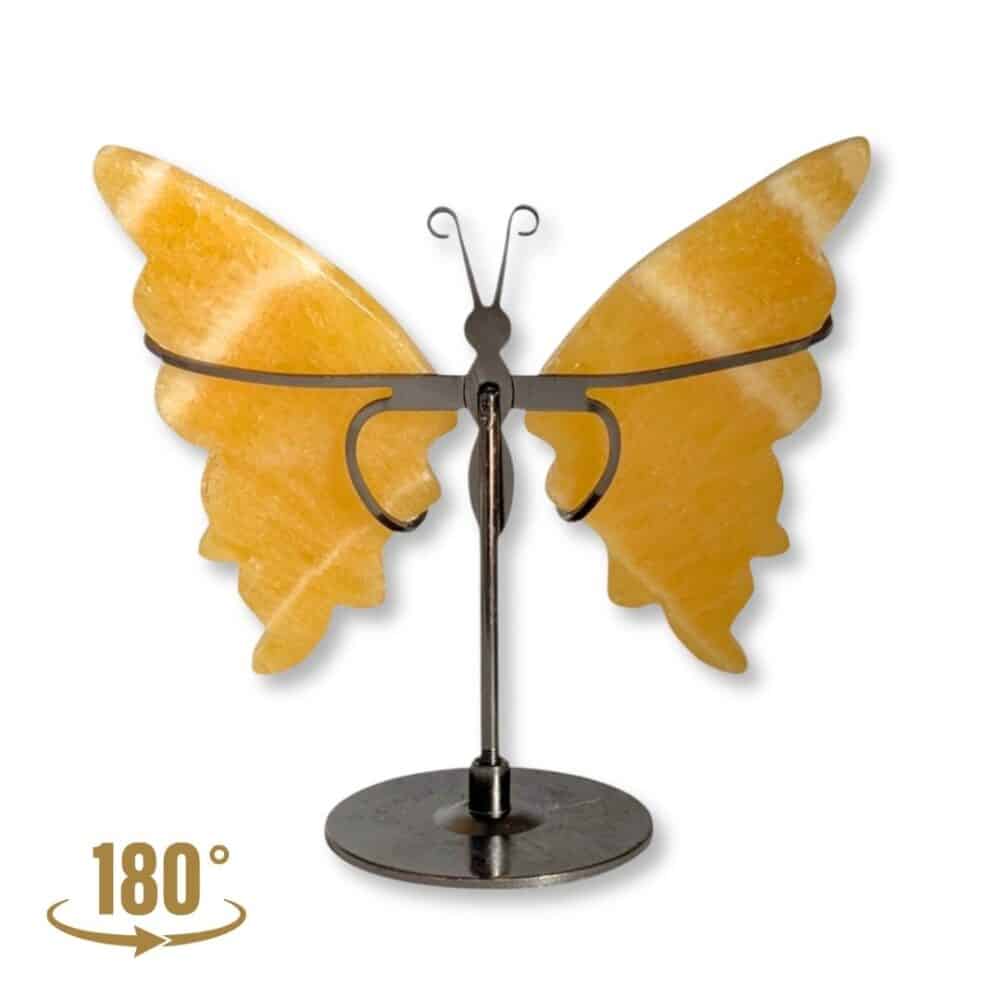 Papillon sculpté en calcite jaune naturelle, pièce unique 02, vue de face – Garaulion