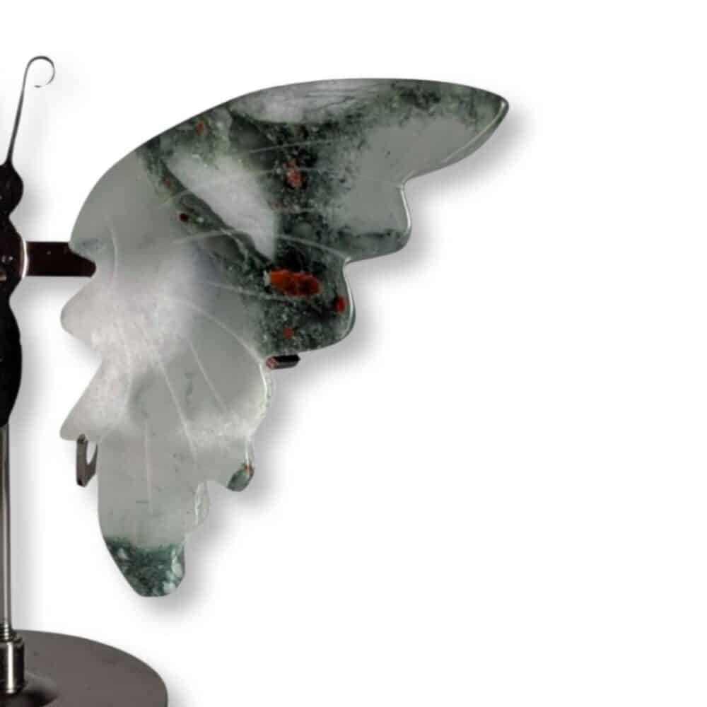Détail de l'aile gauche du papillon en jaspe héliotrope poli