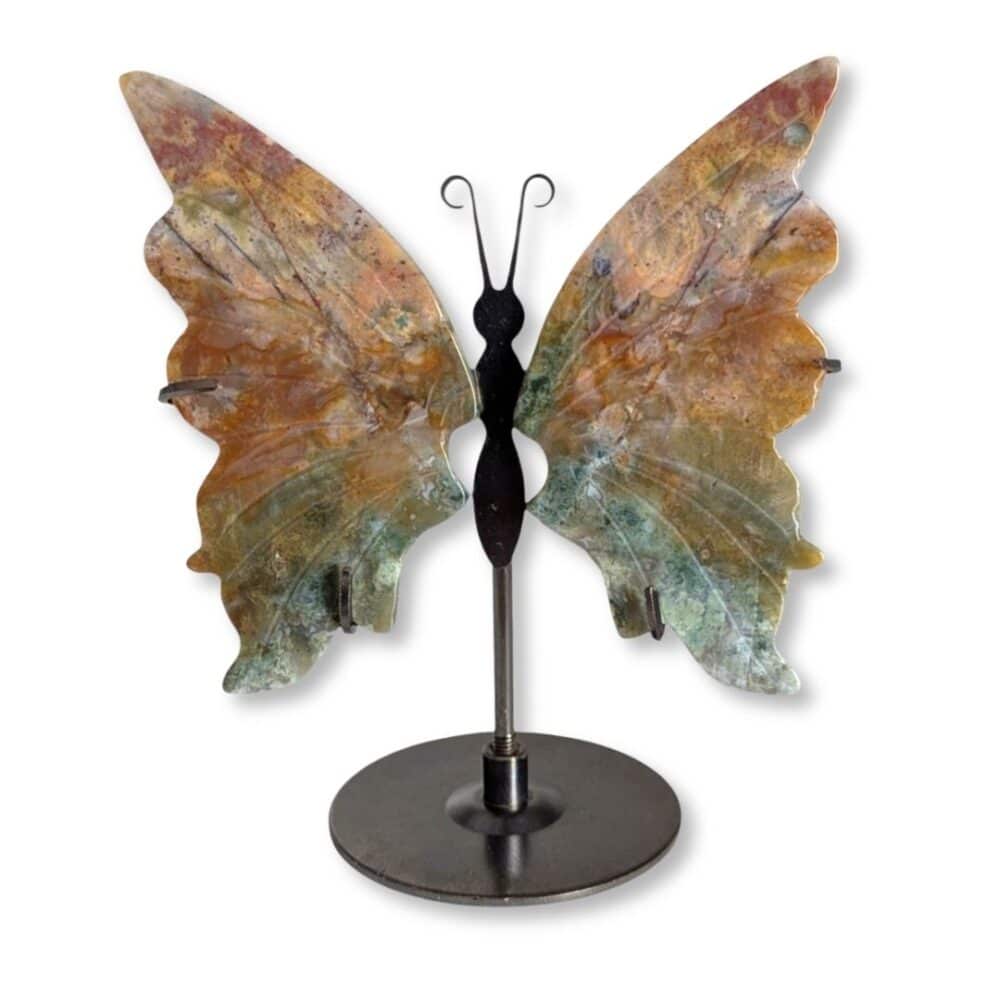 Papillon décoratif en jaspe océan naturel, pièce unique 01, vue de face – Garaulion