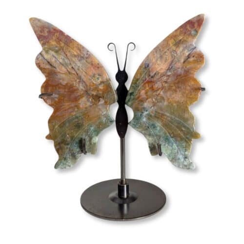 Papillon décoratif en jaspe océan naturel, pièce unique 01, vue de face – Garaulion