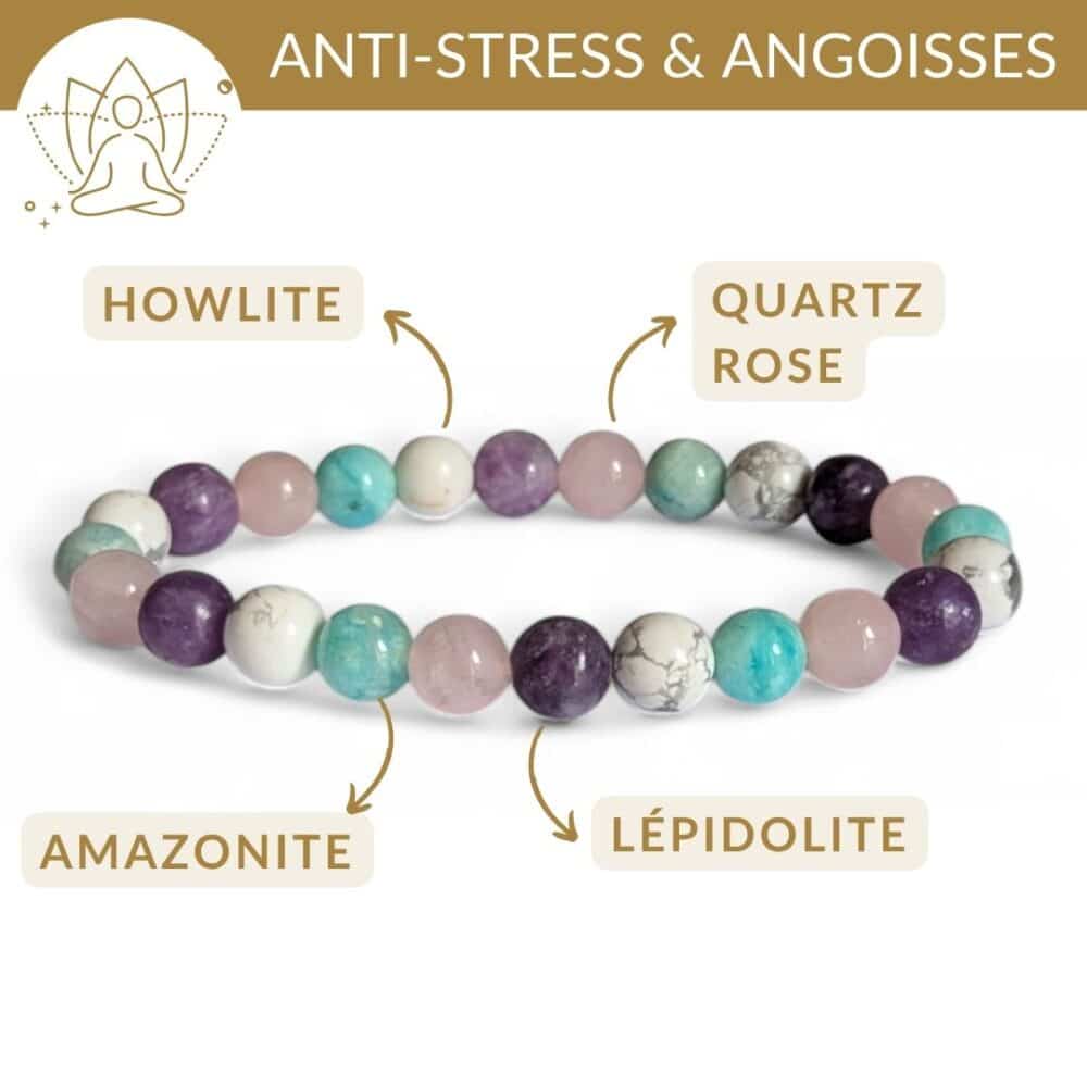 bracelet pierres anti stress lepidolite howlite amazonite quartz rose pour reduire le stress et l anxiete naturellement