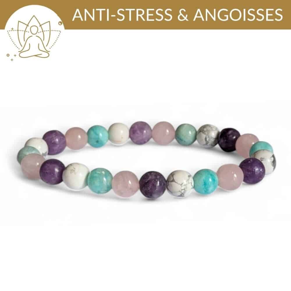 bracelet anti stress pierres naturelles lepidolite howlite amazonite quartz rose pour apaiser le stress et calmer le mental