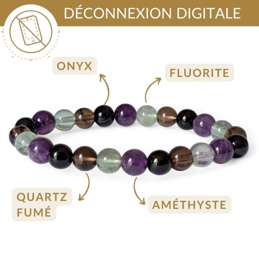 bracelet pierres deconnexion digitale amethyste onyx quartz fumé fluorite pour faire une pause des ecrans et se recentrer