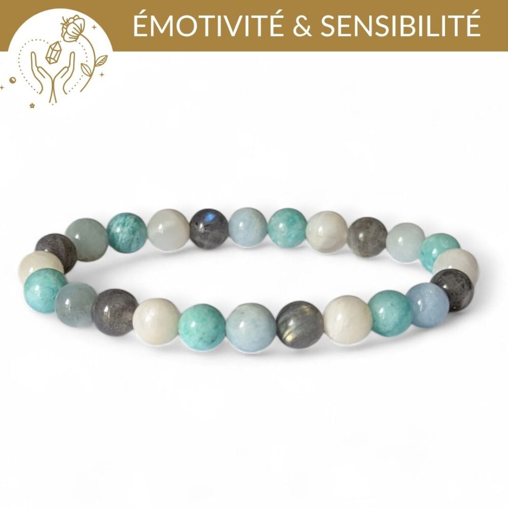 bracelet sensibilite pierres naturelles aigue marine pierre de lune amazonite labradorite pour l'émotivité et se proteger