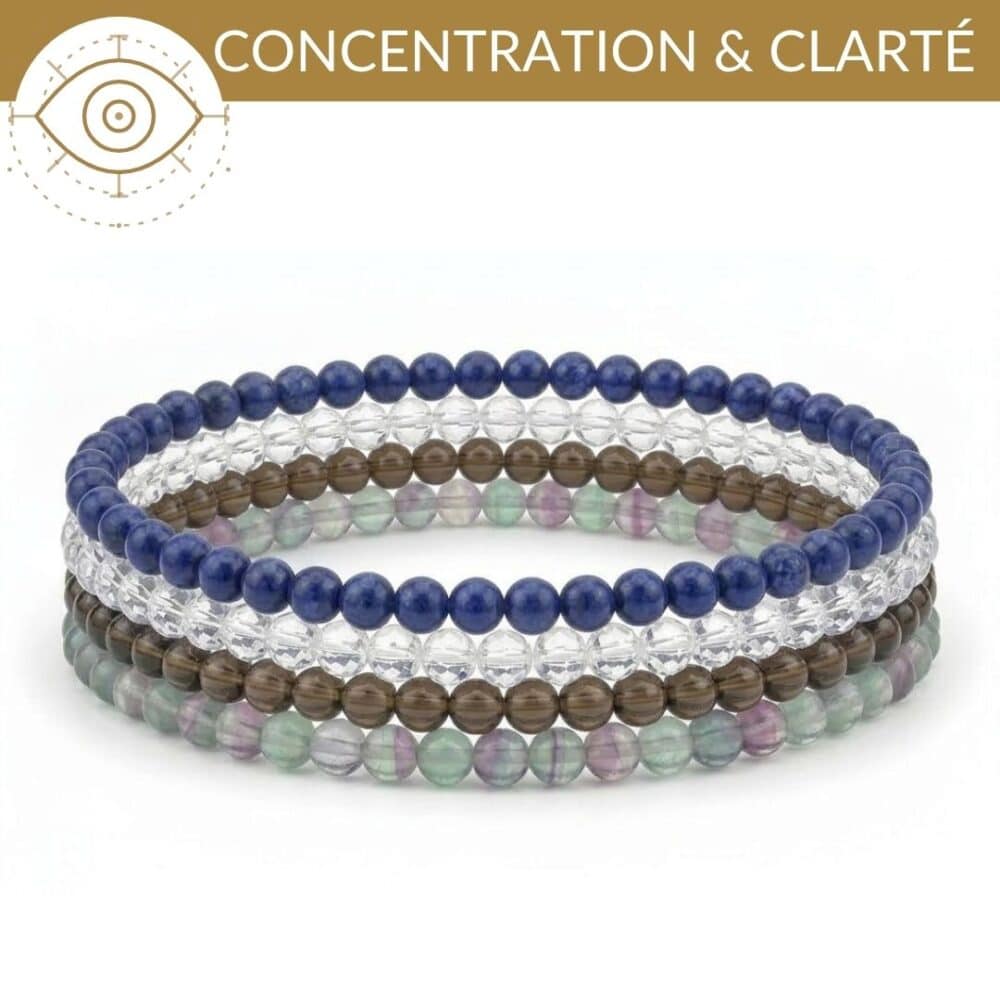 bracelets pierres concentration fluorite sodalite quartz fumé cristal de roche clarte mentale et organisation des idees
