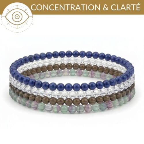bracelets pierres concentration fluorite sodalite quartz fumé cristal de roche clarte mentale et organisation des idees