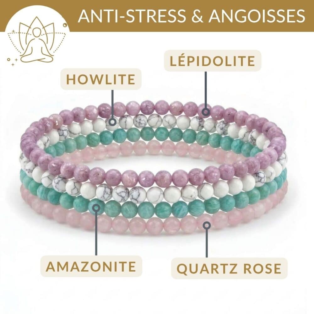 bracelets pierres anti stress lepidolite howlite amazonite quartz rose relaxation detente et apaisement emotionnel