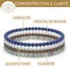 bracelets pierres concentration fluorite sodalite quartz fumé cristal de roche clarte mentale et organisation des idees