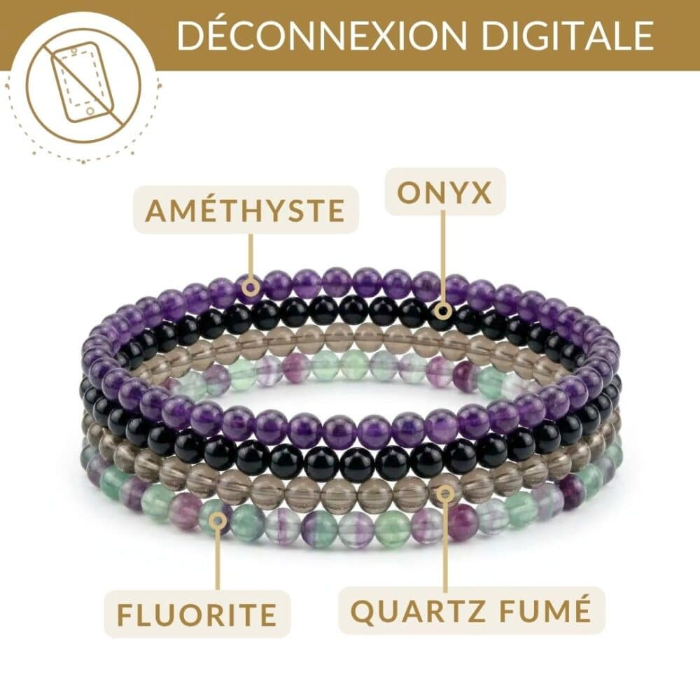 bracelets pierres deconnexion digitale amethyste onyx quartz fumé fluorite reduction ecrans calme mental et focus
