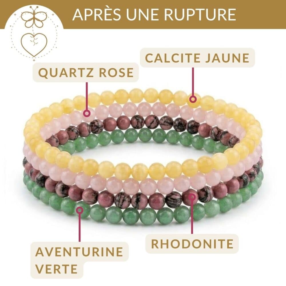 bracelets pierres rupture amoureuse calcite jaune quartz rose rhodonite aventurine guerison emotionnelle et renouveau