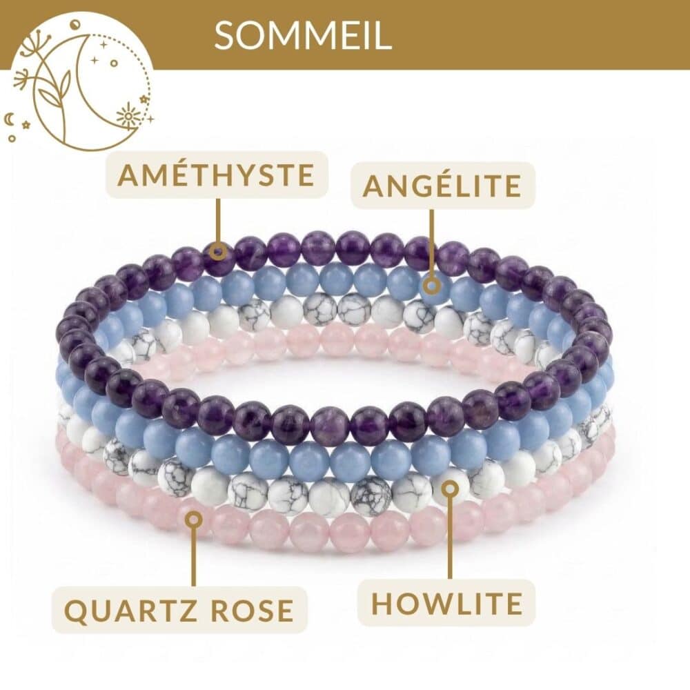bracelets pierres sommeil amethyste howlite angelite quartz rose relaxation detente et nuits paisibles