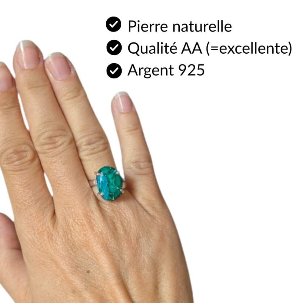 Bague chrysocolle pierre naturelle qualité AA argent 925 bijou lithothérapie Garaulion