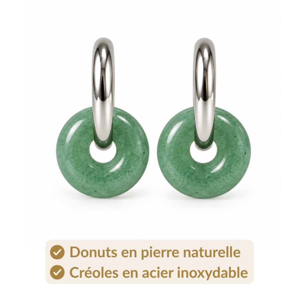 Donuts en aventurine verte naturelle et créoles en acier inoxydable