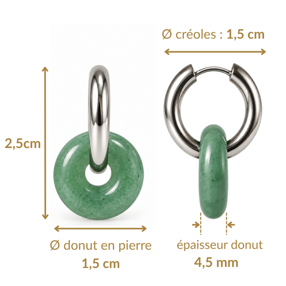 Dimensions des boucles d’oreilles donut en aventurine verte : hauteur 2,5 cm, donut et créole de 1,5 cm