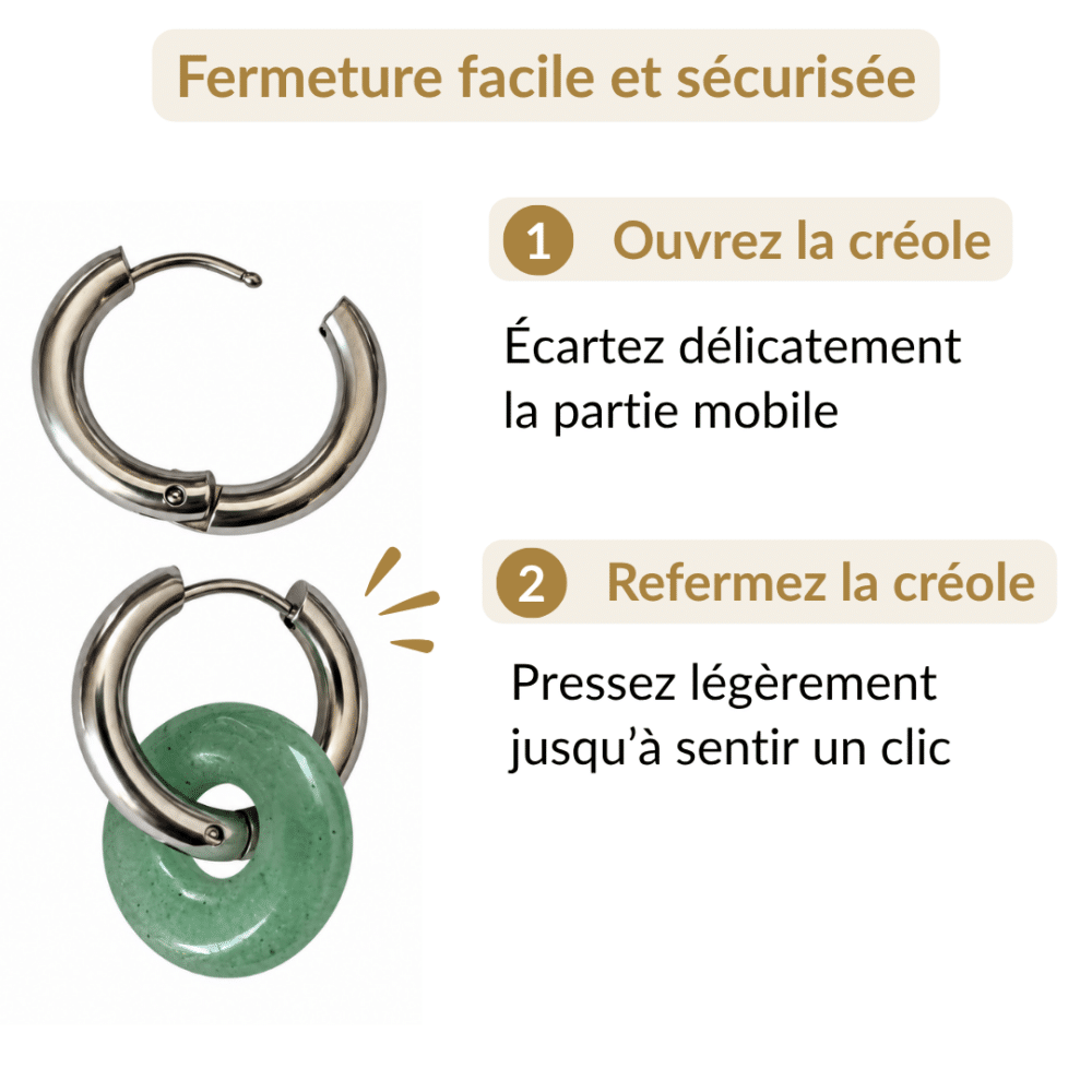 Ouverture et fermeture de la créole des boucles d’oreilles donut en aventurine verte