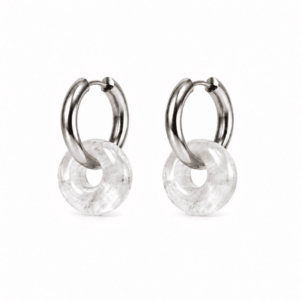 Boucles d’oreilles donut en cristal de roche avec créoles en acier inoxydable