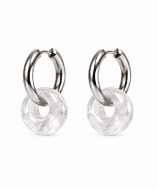 Boucles d’oreilles donut en cristal de roche avec créoles en acier inoxydable