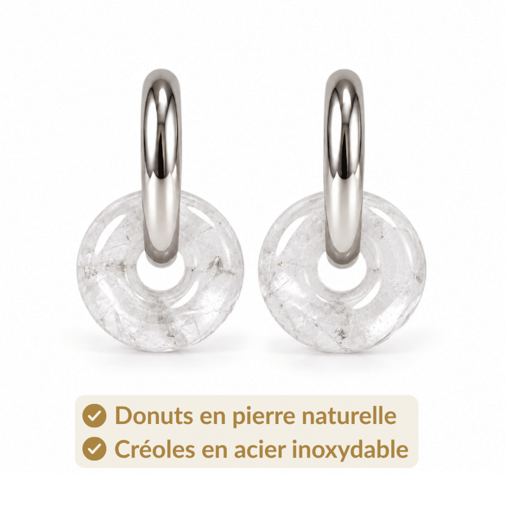 Donuts en cristal de roche naturel et créoles en acier inoxydable