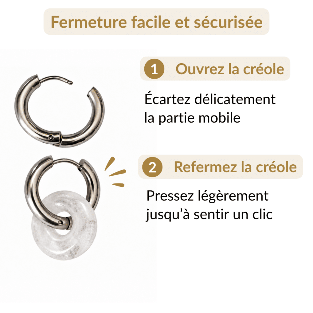 Ouverture et fermeture de la créole des boucles d’oreilles donut en cristal de roche