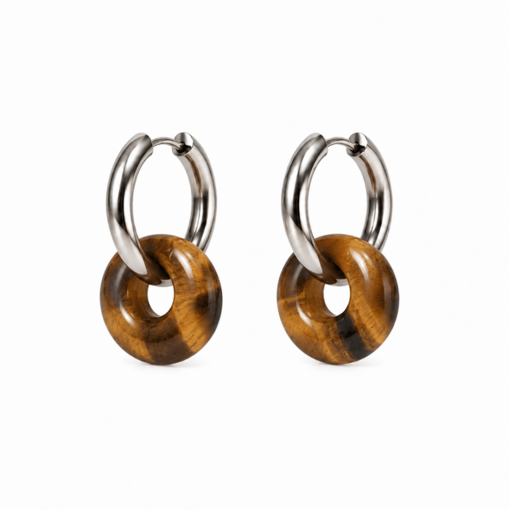 Boucles d’oreilles donut en œil de tigre avec créoles en acier inoxydable